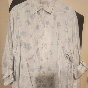 Men's Caribbean Light Blue/white Linen Floral Button-Up Shirt (L)